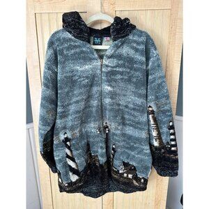 VTG Mazmania Fleece Jacket Mens SZ L Blue Lighthouse Full Zip Soft USA Made